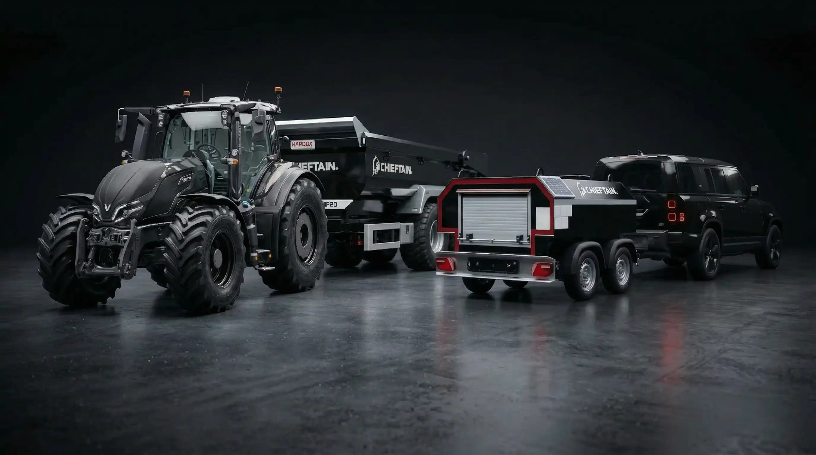 Chieftain trailer range including dump trailer, semi low loader, fuel bowser and rail trailer in a warehouse