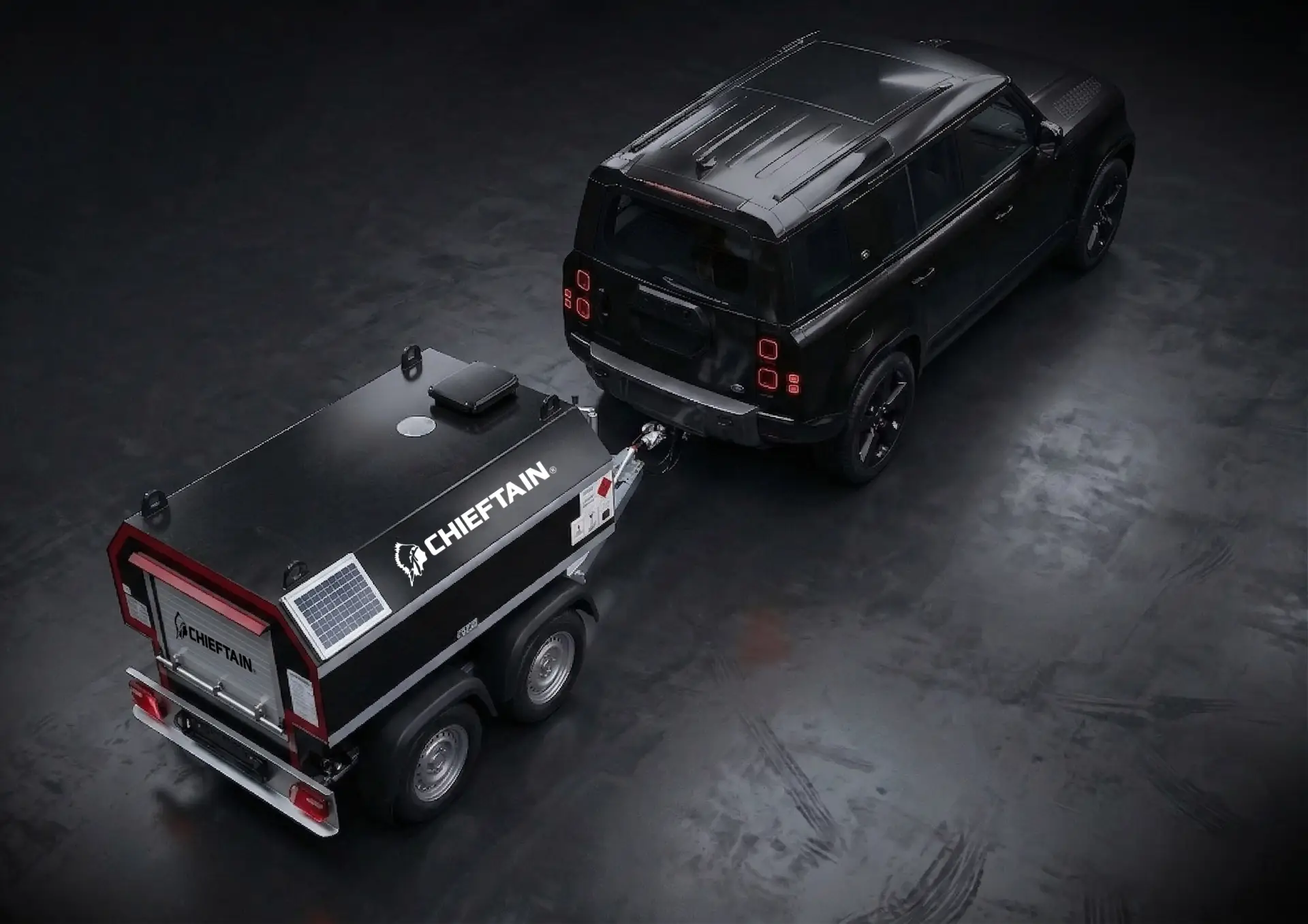 Chieftain fuel bowser towed by Land Rover Defender, aerial view