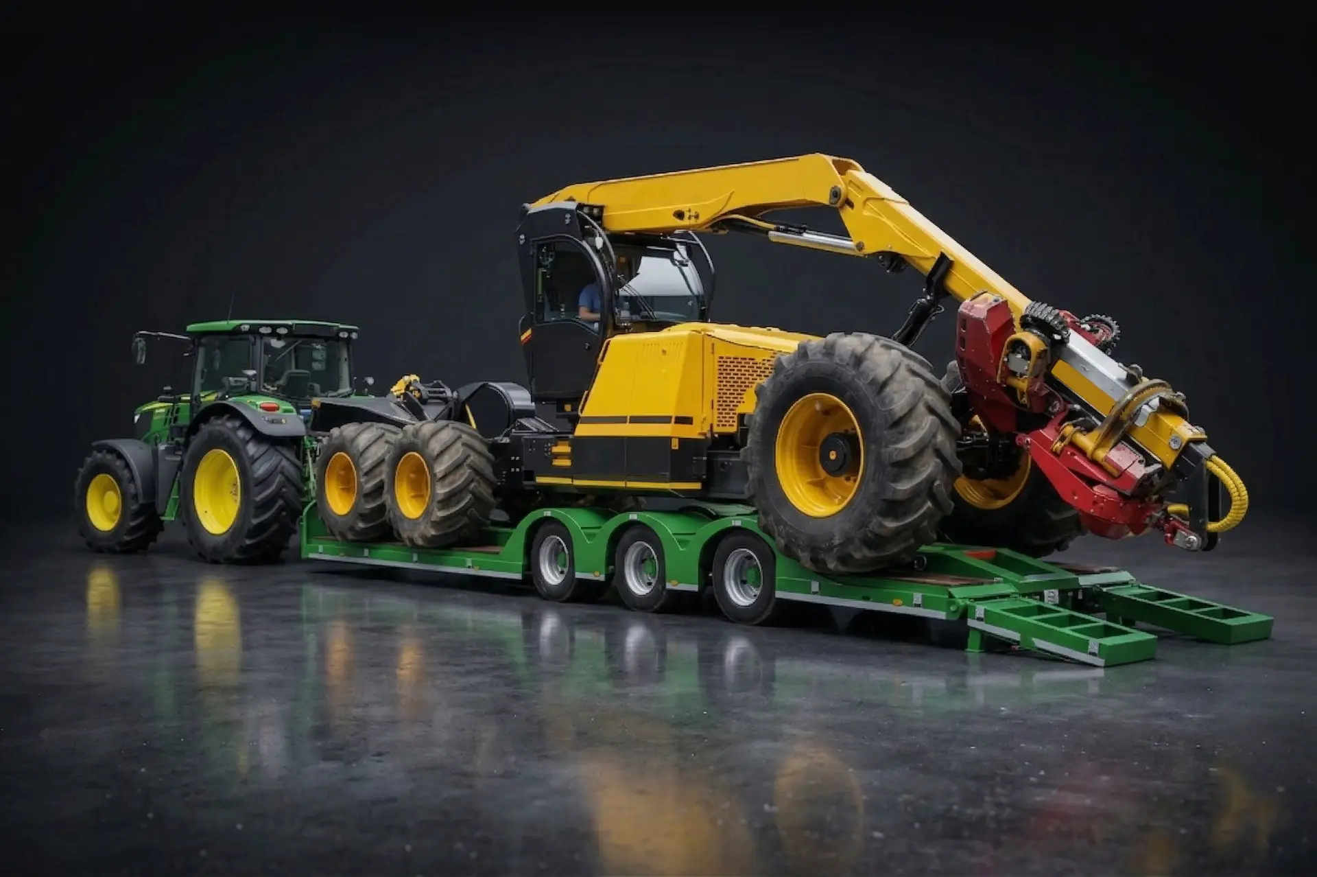 Chieftain forestry trailer carrying a yellow harvester, pulled by a John Deere tractor